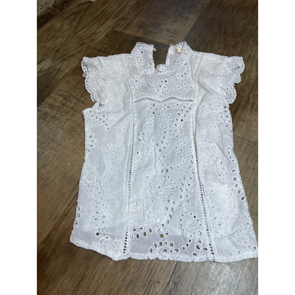 La Diosa Blouse Womens Medium M White Short Sleeve Top Lace Trim